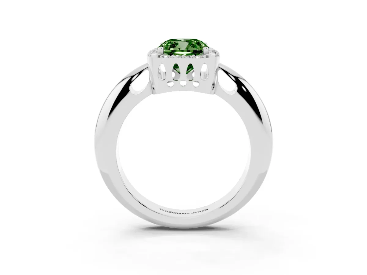 Fancy Green Cushion Cut Cut Diamond Halo Engagement Ring with Split Shank and Four-Prong Setting Silver