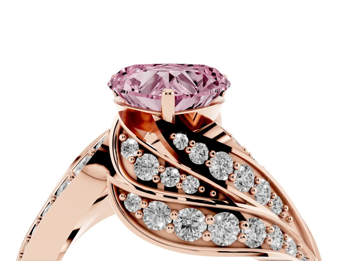 Fancy Pink Heart Cut Diamond Solitaire Ring with Prong Setting and Twisted Pavé Band Rose gold