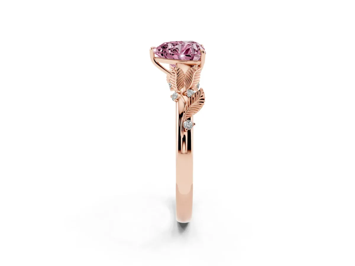 Fancy Pink Heart Cut Diamond Solitaire Ring with Leaf Motif Band and Four-Prong Setting Rose gold