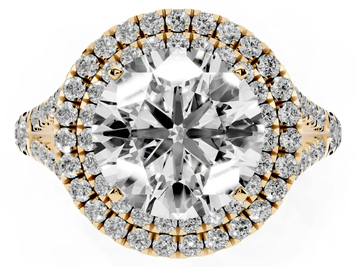 Round Cut Diamond Pavé Split Shank Double Halo Engagement Ring Yellow gold
