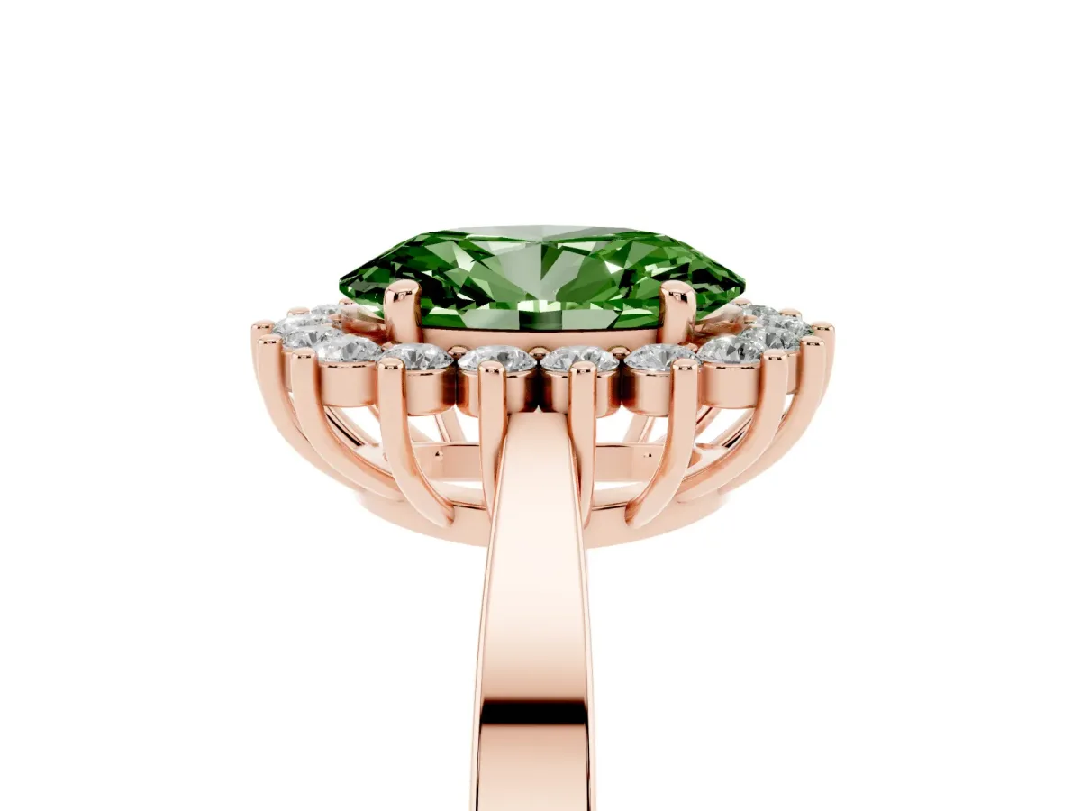 Fancy Green Oval Cut Cut Diamond Halo Ring with Round Brilliant Halo and Solitaire Band Rose gold