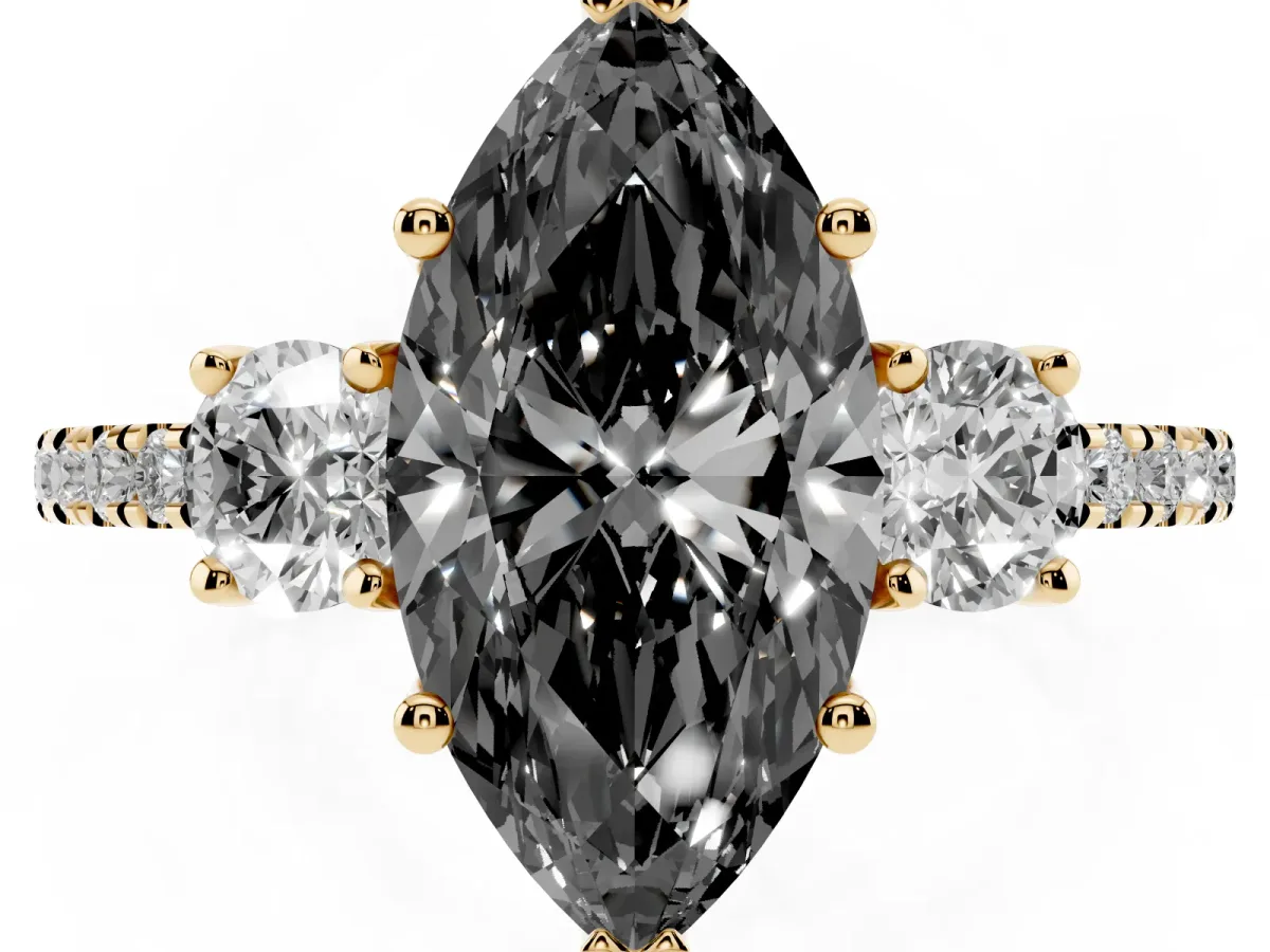 Fancy Black Three-Stone Marquise Cut Cut Diamond Pavé Band with Prong Setting Yellow gold