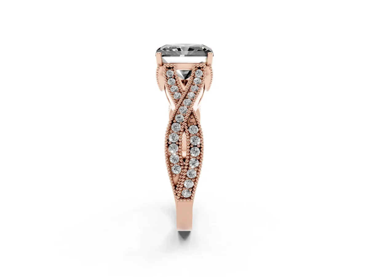 Fancy Black Radiant Cut Cut Diamond Twisted Band with Milgrain Pave Setting and Four-Prong Setting Rose gold