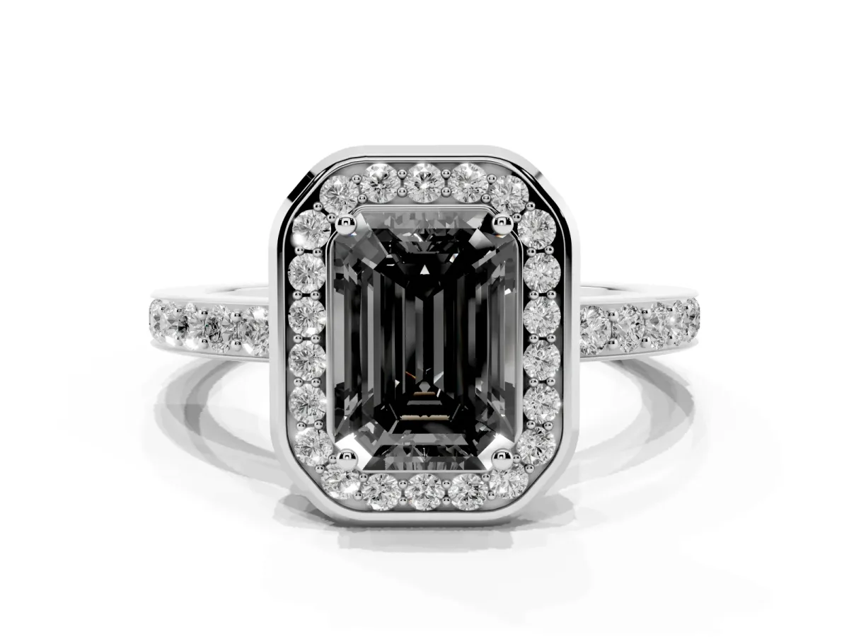 Fancy Black Emerald Cut Diamond Halo Ring with Bezel Frame and Pavé Band Silver