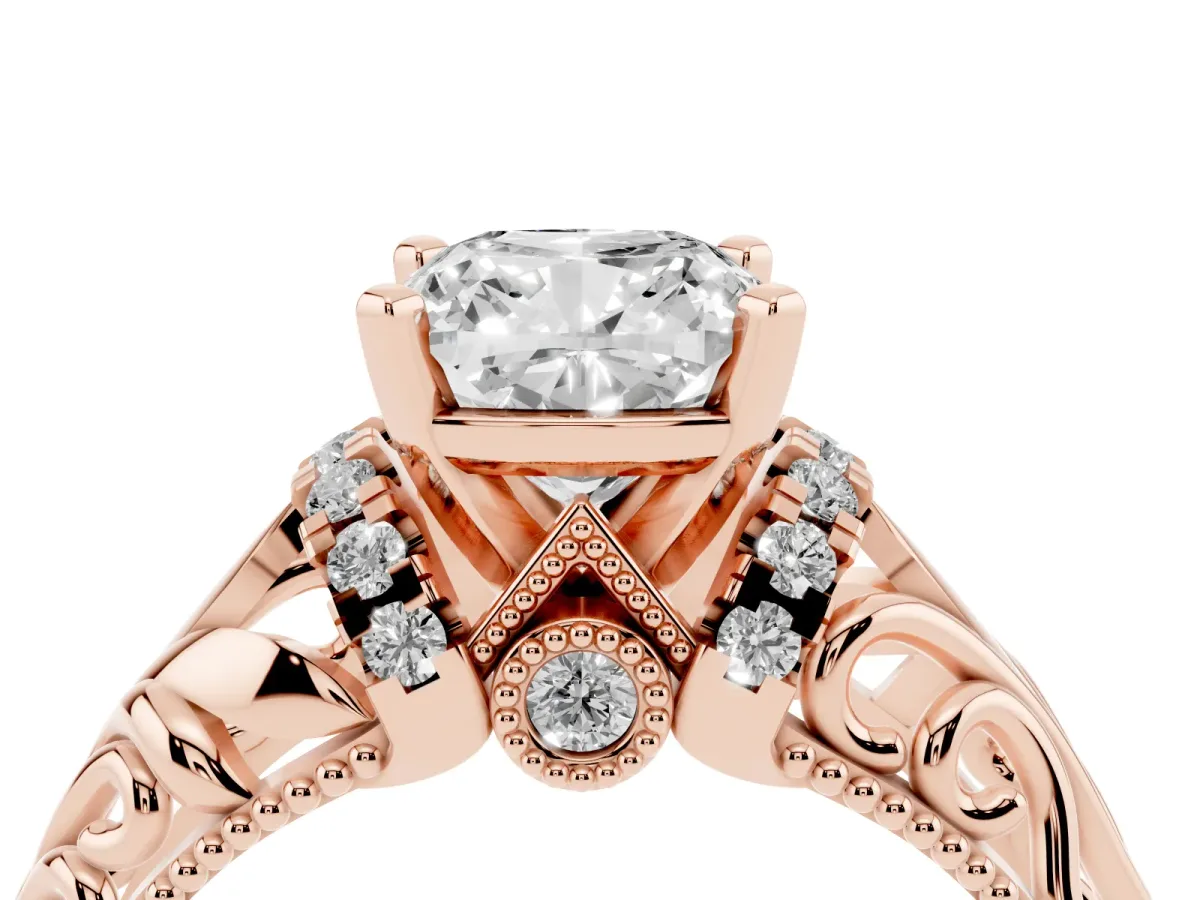 Cushion Cut Solitaire Filigree Engagement Ring with Halo and Prong Setting Rose gold