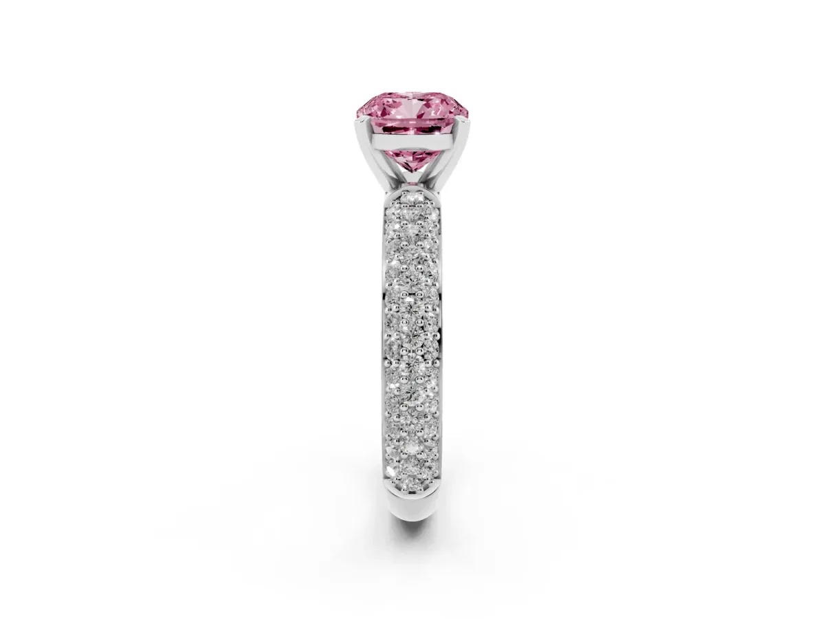 Fancy Pink Cushion Cut Diamond Solitaire Ring with Prong Setting and Pavé Band Platinum