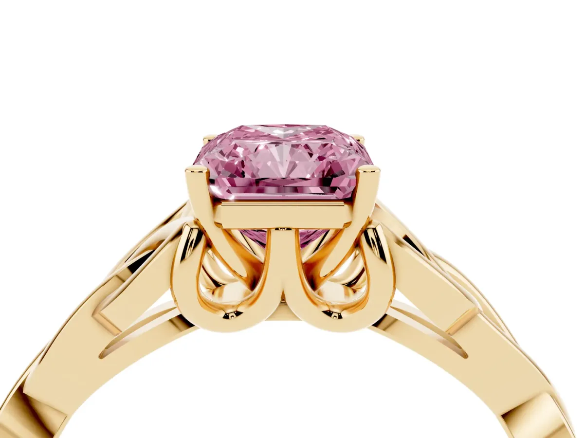 Fancy Pink Radiant Cut Diamond Solitaire Engagement Ring with Celtic Knot Band and Four-Prong Setting Yellow gold