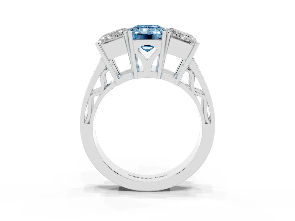 Fancy Blue Emerald Cut Diamond Three-Stone Ring with Prong Setting and Textured Band White gold