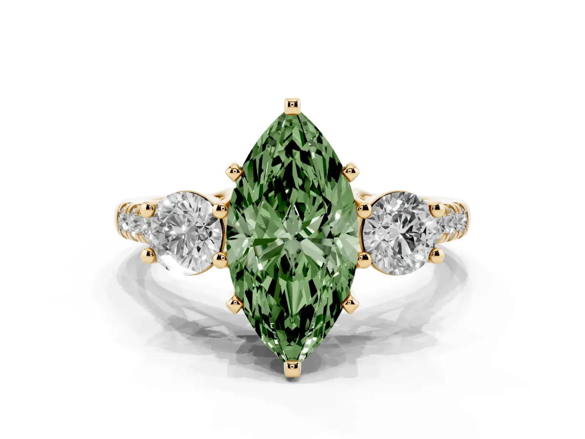Fancy Green Three-Stone Marquise Cut Diamond Pavé Band with Four-Prong Setting Yellow gold