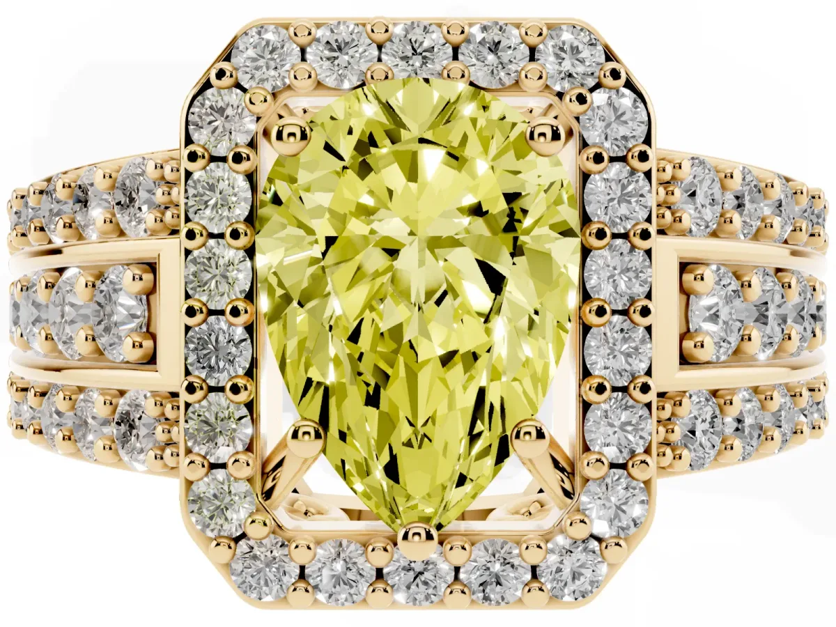 Fancy Yellow Pear Cut Halo Diamond Ring with Round Split Shank and Prong Setting Yellow gold
