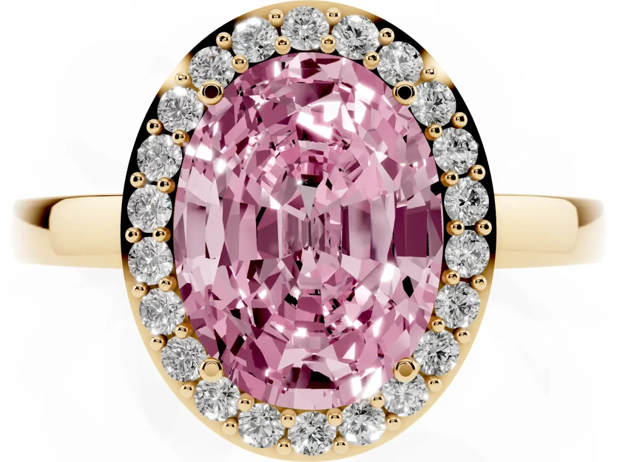 Fancy Pink Oval Cut Halo Diamond Ring with Solitaire Band and Prong Setting Yellow gold
