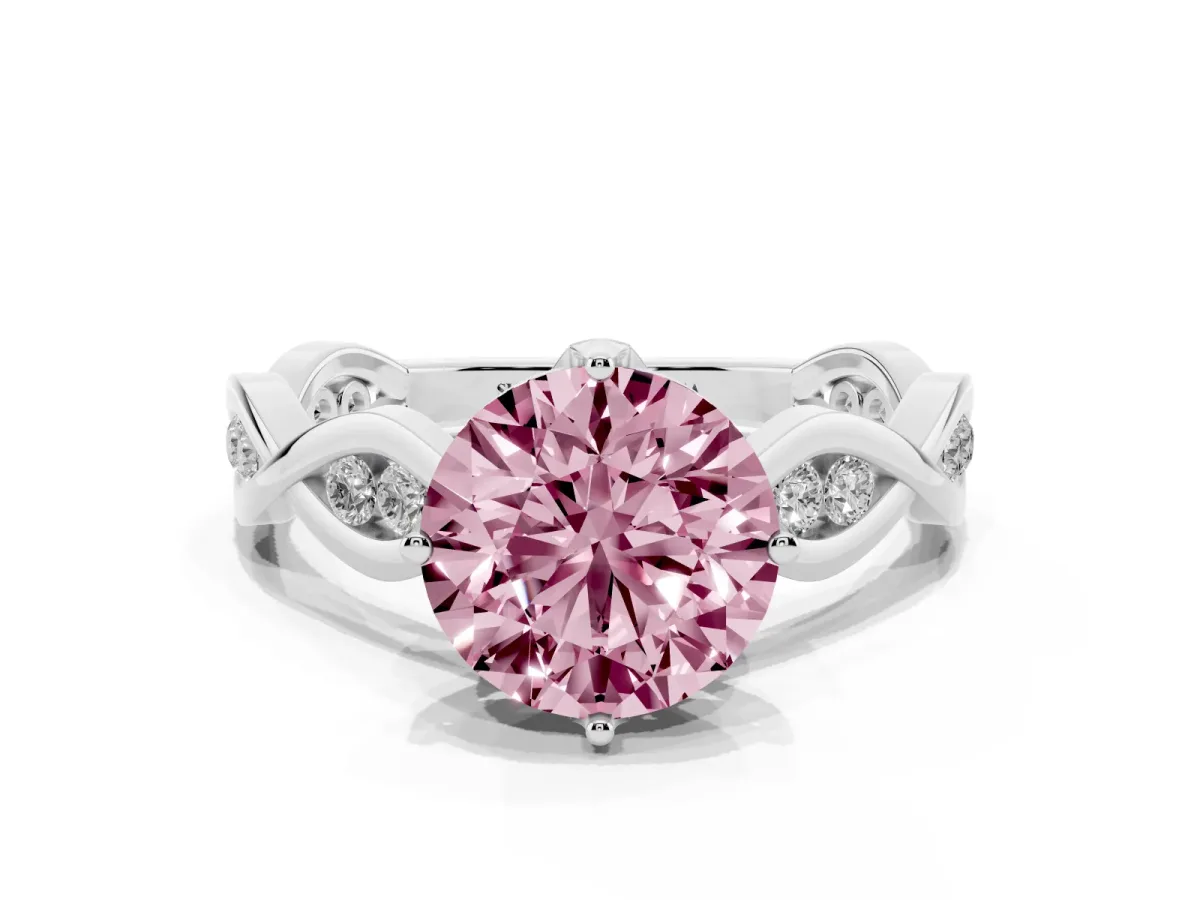 Fancy Pink Round Cut Solitaire Twist Band with Leaf Prong Setting White gold
