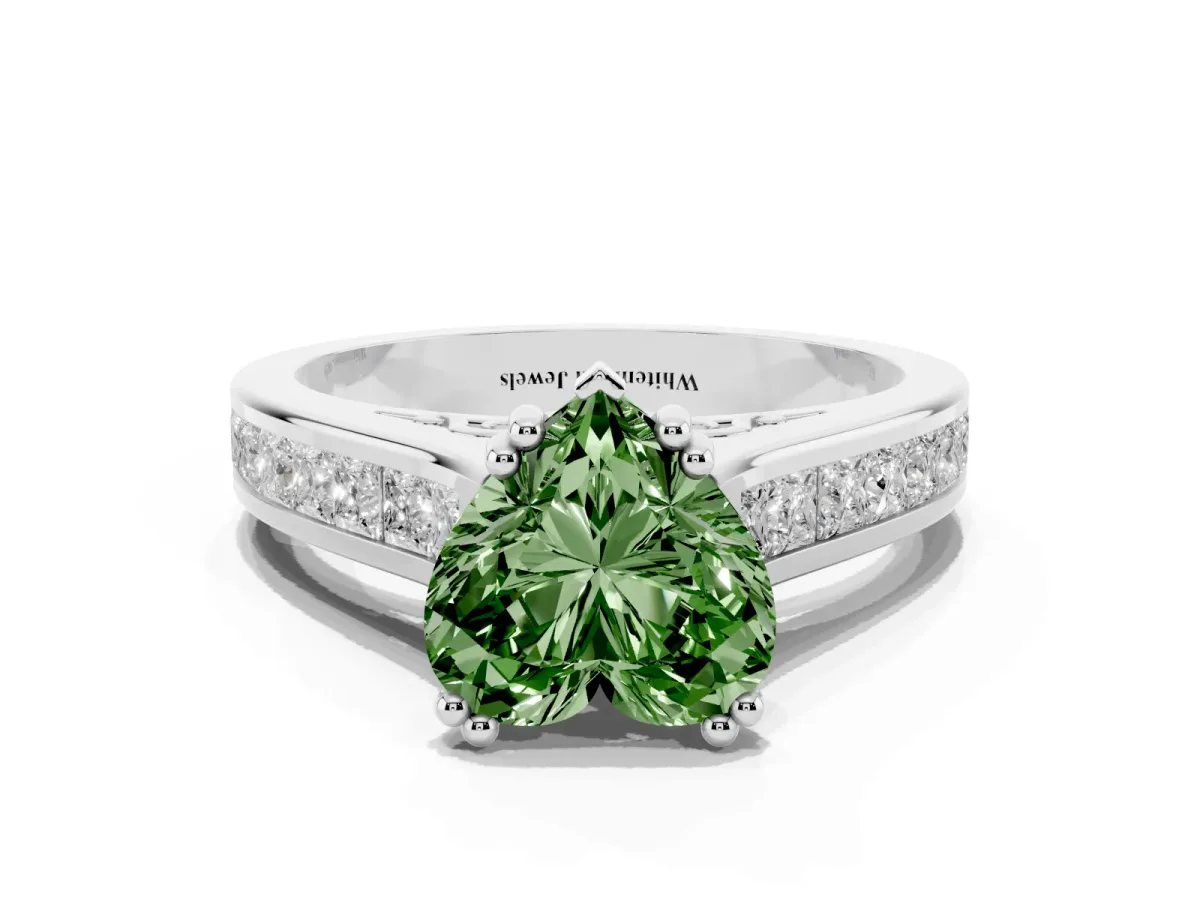 Fancy Green Heart Cut Cut Channel Set Solitaire Engagement Ring with Prong Setting Silver