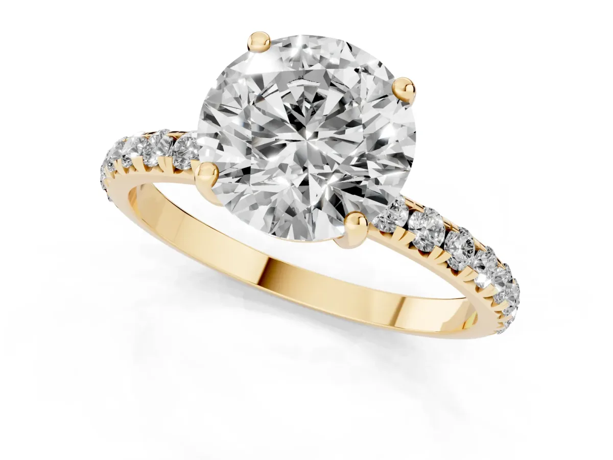 Round Cut Cut Diamond Solitaire Ring with Micro Pave Band and Four Prong Setting Yellow gold