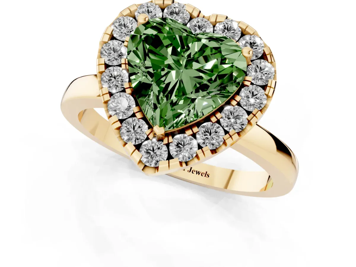Fancy Green Heart Cut Halo Diamond Solitaire with Pavé Band and Four-Prong Setting Yellow gold