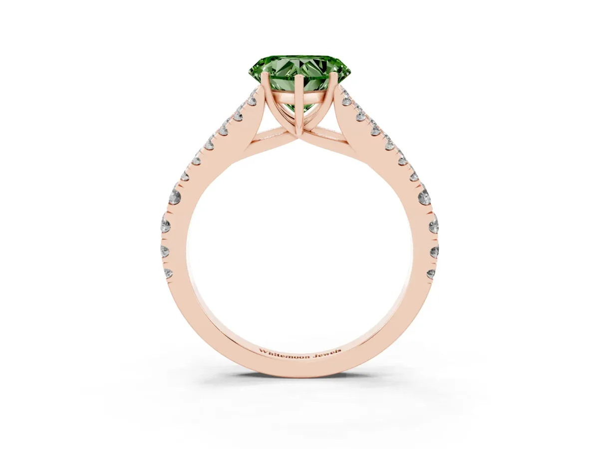 Fancy Green Heart Cut Diamond Split Shank Engagement Ring with Round Pavé and Prong Setting Rose gold
