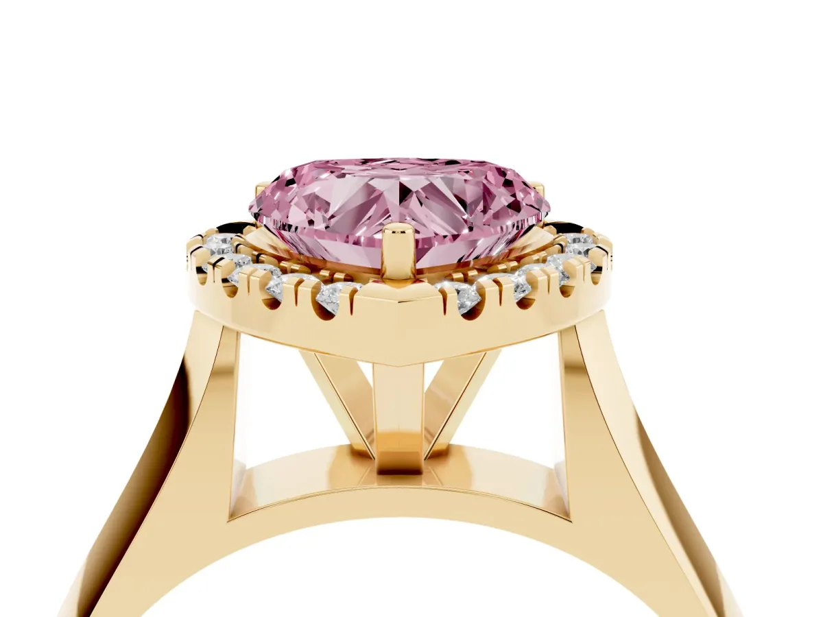 Fancy Pink Heart Cut Cut Halo Solitaire Engagement Ring with Square Band and Four-Prong Setting Yellow gold