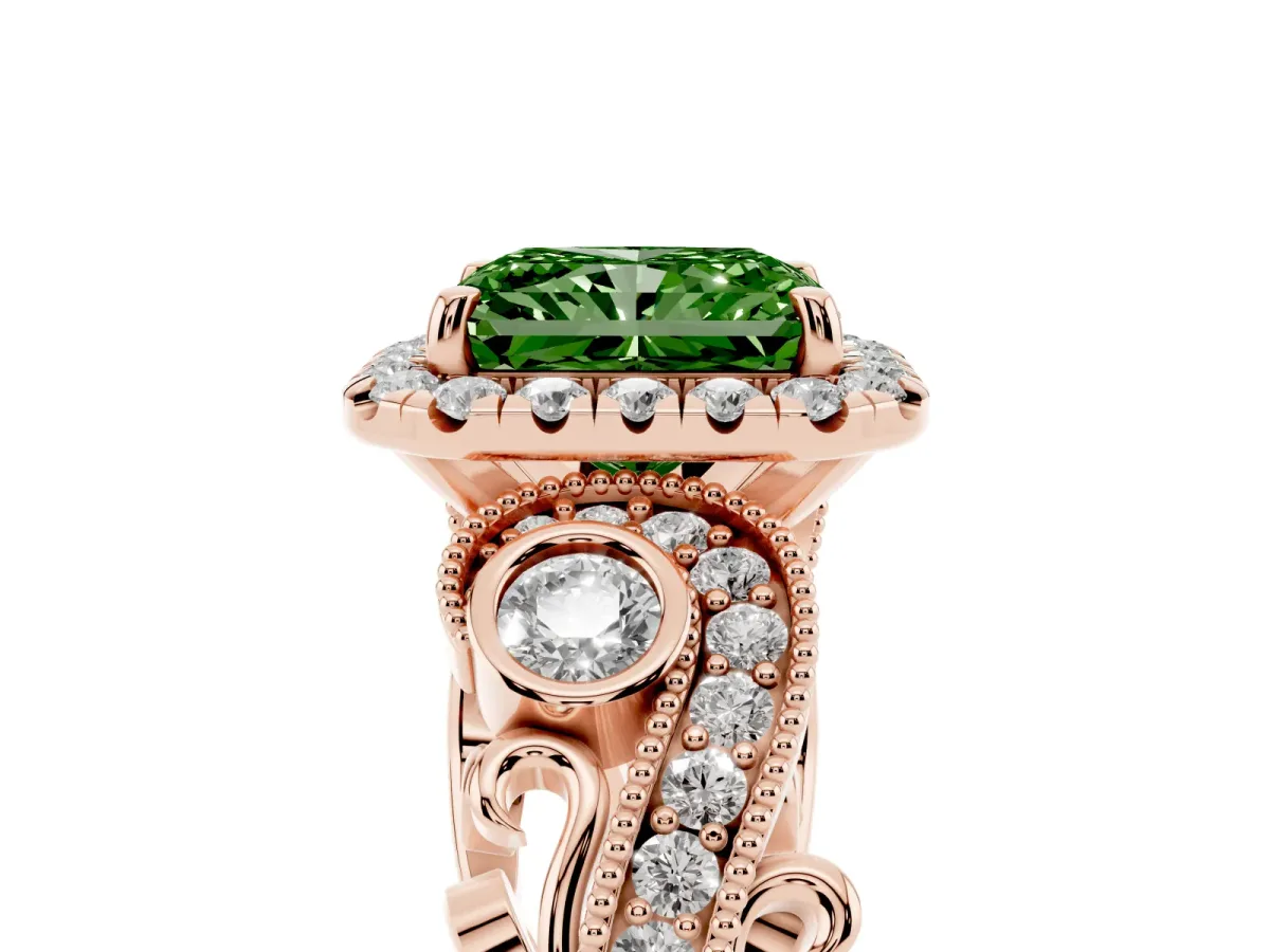 Fancy Green Radiant Cut Diamond Halo Ring with Milgrain Pavé Band and Four-Prong Setting Rose gold