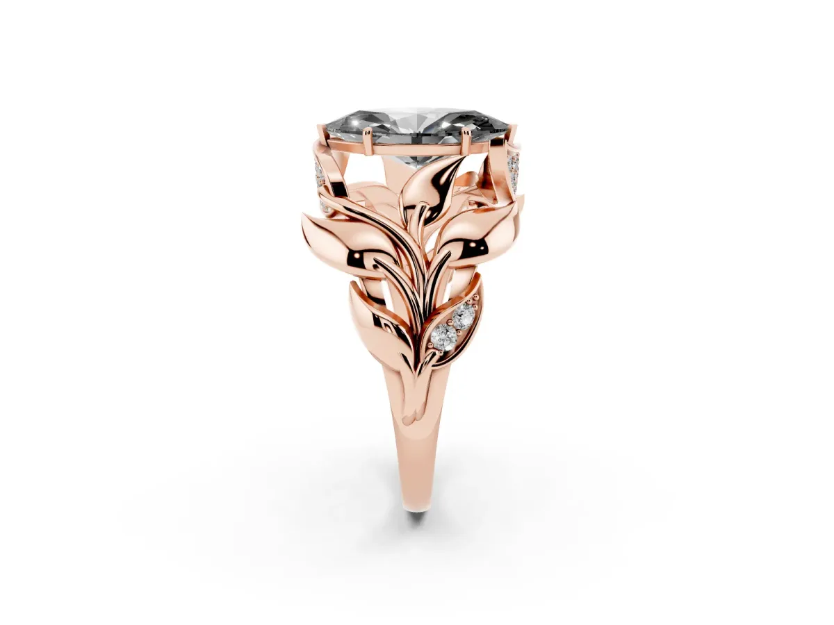 Fancy Black Marquise Cut Diamond Leaf-Inspired Engagement Ring with Round Accents and Prong Setting Rose gold