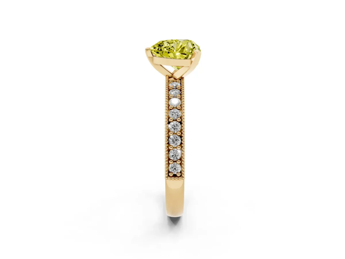 Fancy Yellow Heart Cut Diamond Milgrain Pavé Engagement Ring with Four-Prong Setting Yellow gold