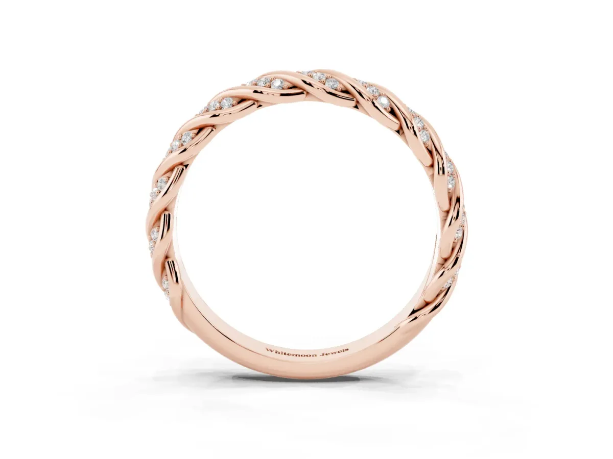 Twisted Pavé Round Diamond Eternity Band with Shared Prong Setting Rose gold