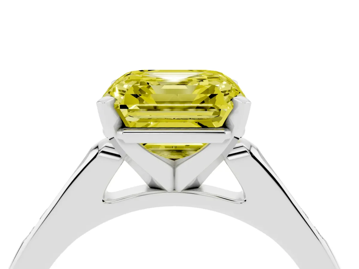 Fancy Yellow Asscher Cut Diamond Solitaire Ring with Channel Set Round Band and Prong Setting Silver
