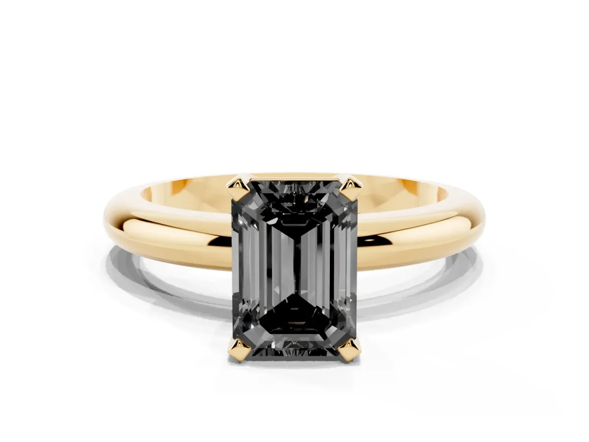 Fancy Black Emerald Cut Diamond Solitaire Engagement Ring with Round Band and Four-Prong Setting Yellow gold