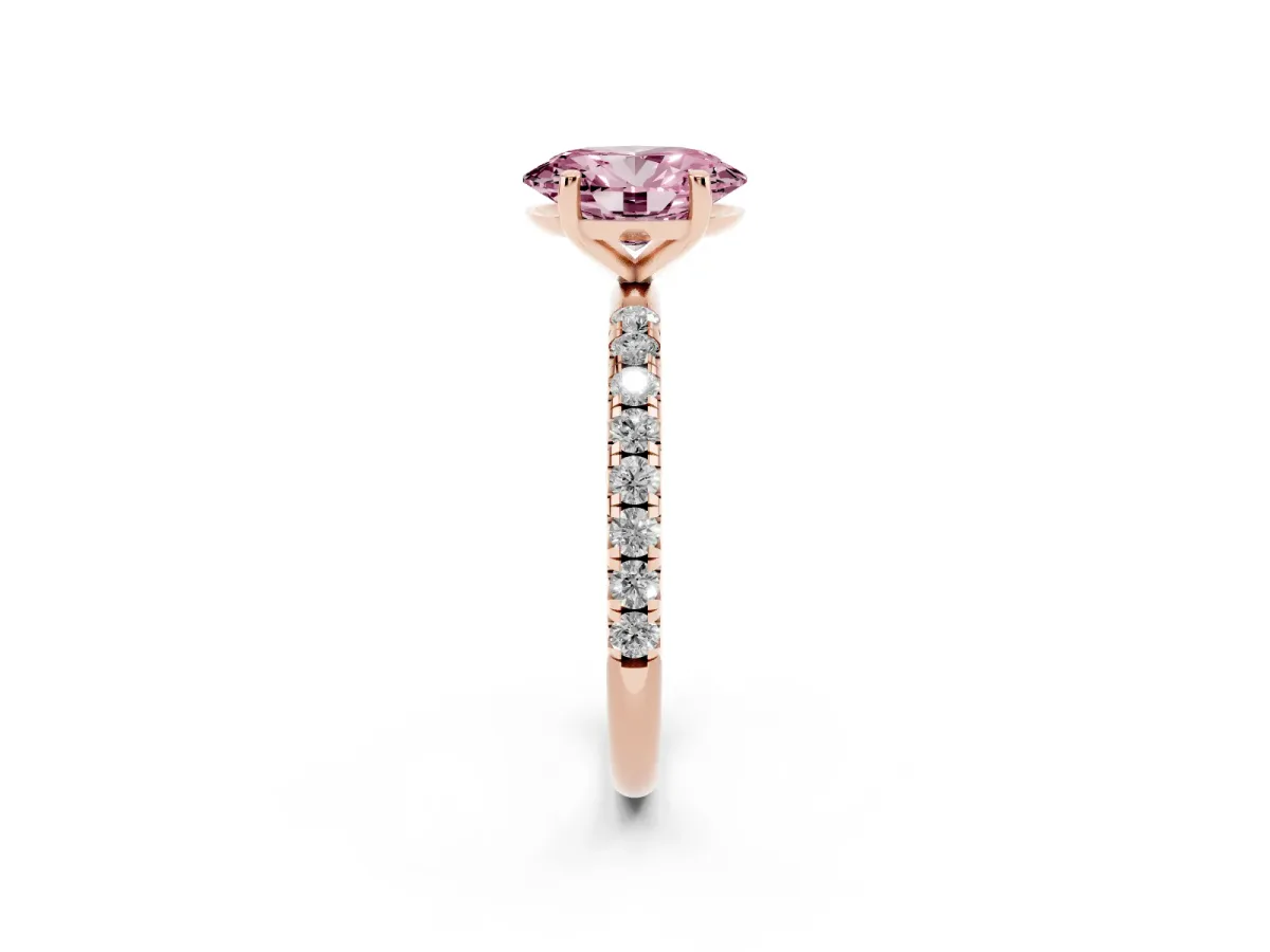 Fancy Pink Oval Cut Cut Diamond Solitaire Ring with Micro Pave Band and Four Prong Setting Rose gold