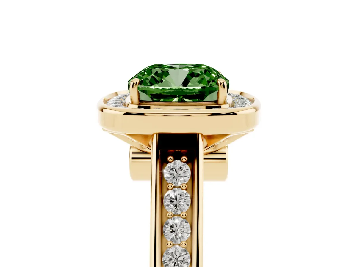 Fancy Green Cushion Cut Halo Solitaire Diamond Ring with Pave Band and Bezel Setting Yellow gold