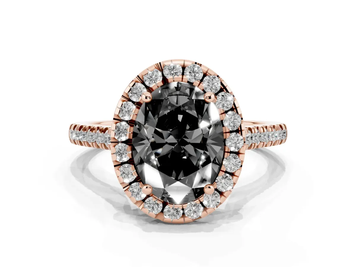 Fancy Black Oval Cut Diamond Cushion Halo Ring with Pavé Band Rose gold