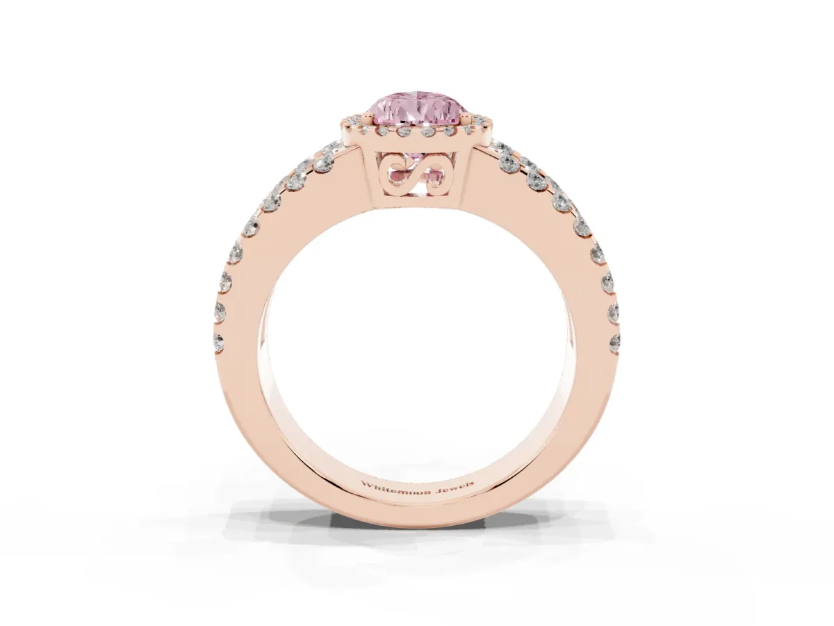 Fancy Pink Pear Cut Cut Halo Split Shank Diamond Ring with Four-Prong Setting Rose gold
