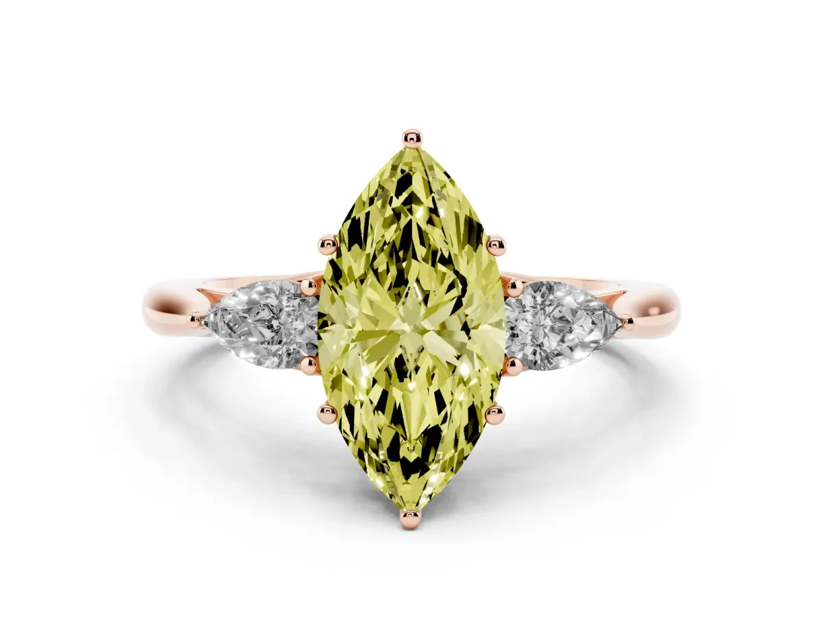 Fancy Yellow Marquise Cut Diamond Three-Stone Ring with Pear Side Stones and Prong Setting Rose gold