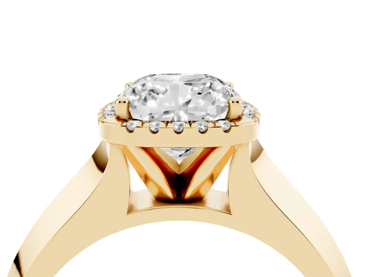Cushion Cut Halo Diamond Ring with Cathedral Band and Four-Prong Setting Yellow gold