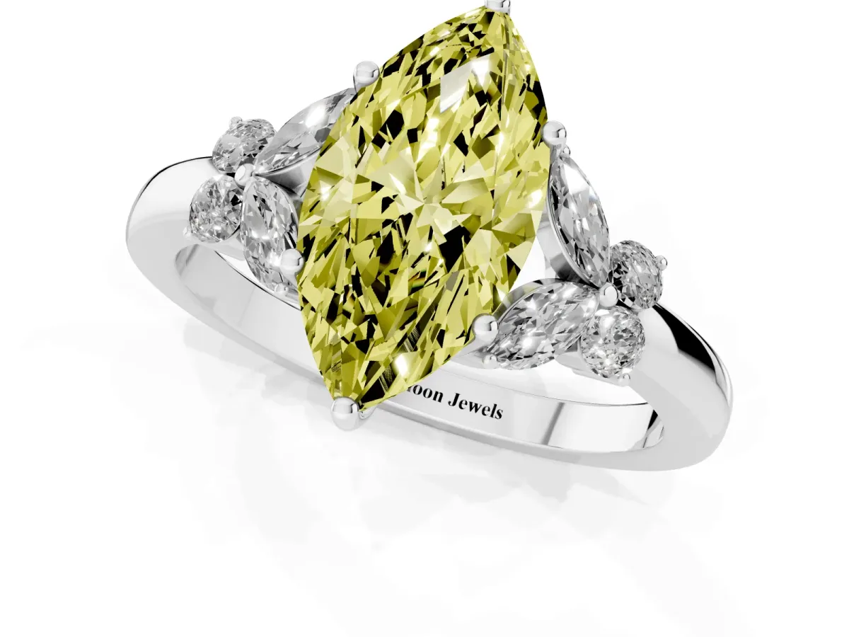 Fancy Yellow Marquise Cut Cut Solitaire Floral Diamond Ring with Four-Prong Setting White gold