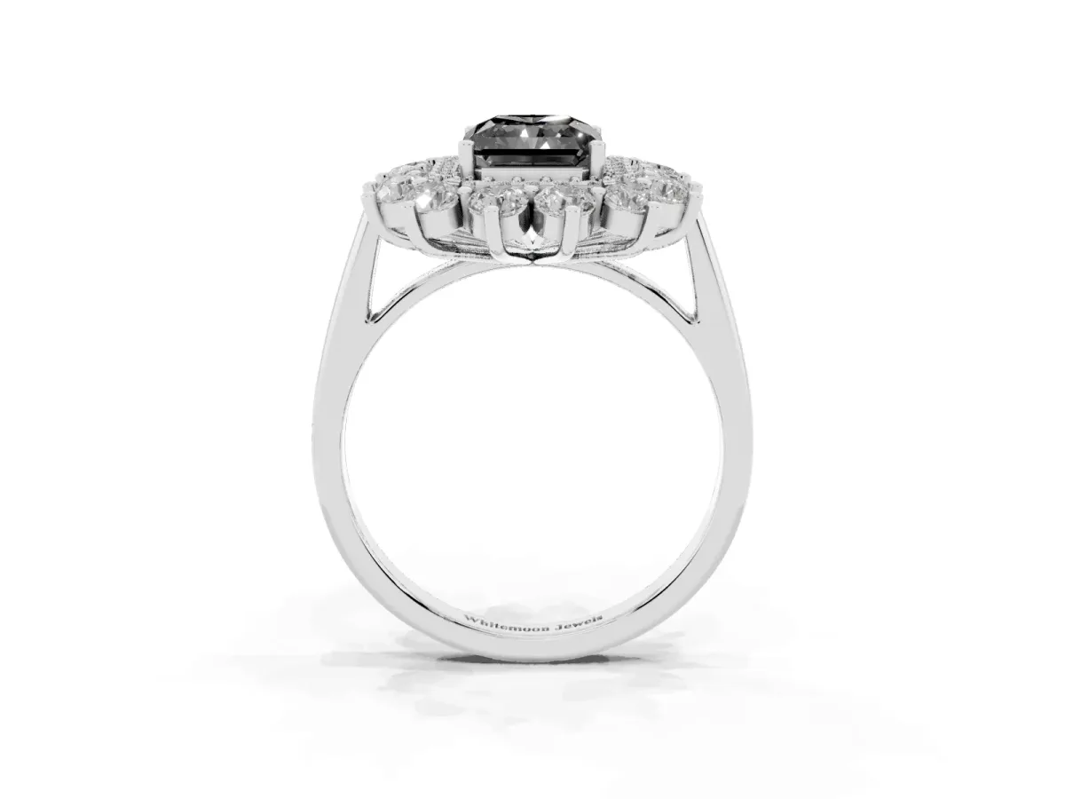 Fancy Black Radiant Cut Diamond Floral Double Halo Engagement Ring with Prong Setting Silver