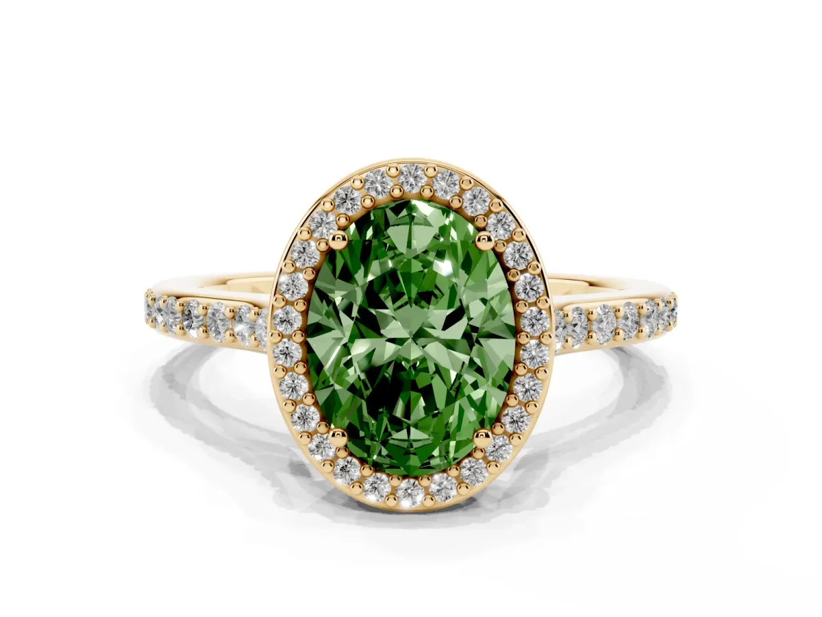 Fancy Green Oval Cut Diamond Halo Engagement Ring with Round Pavé Shoulders and Prong Setting Yellow gold