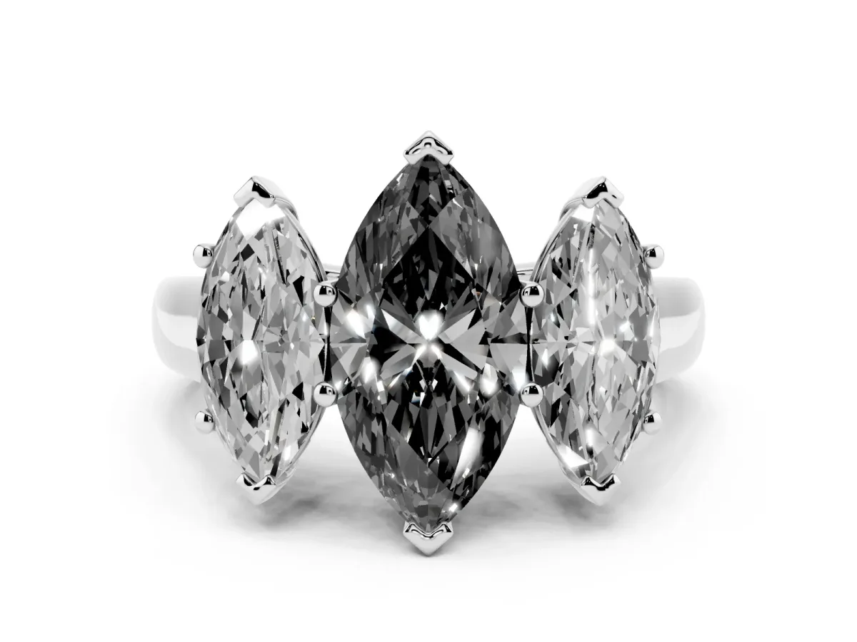 Fancy Black Marquise Cut Three-Stone Diamond Ring with Prong Setting on a Classic Band Platinum