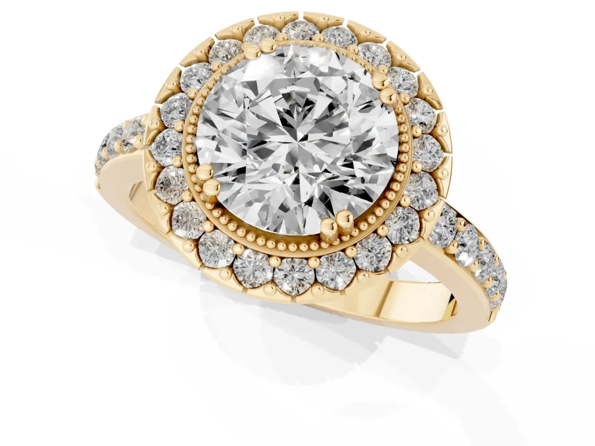 Round Cut Diamond Halo Ring with Pavé Band and Prong Setting Yellow gold