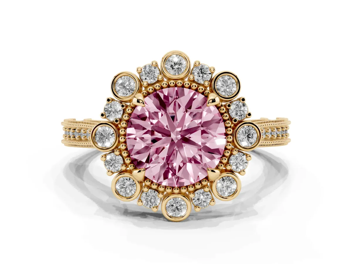 Fancy Pink Round Cut Halo Milgrain Pave Diamond Ring with Four-Prong Setting Yellow gold