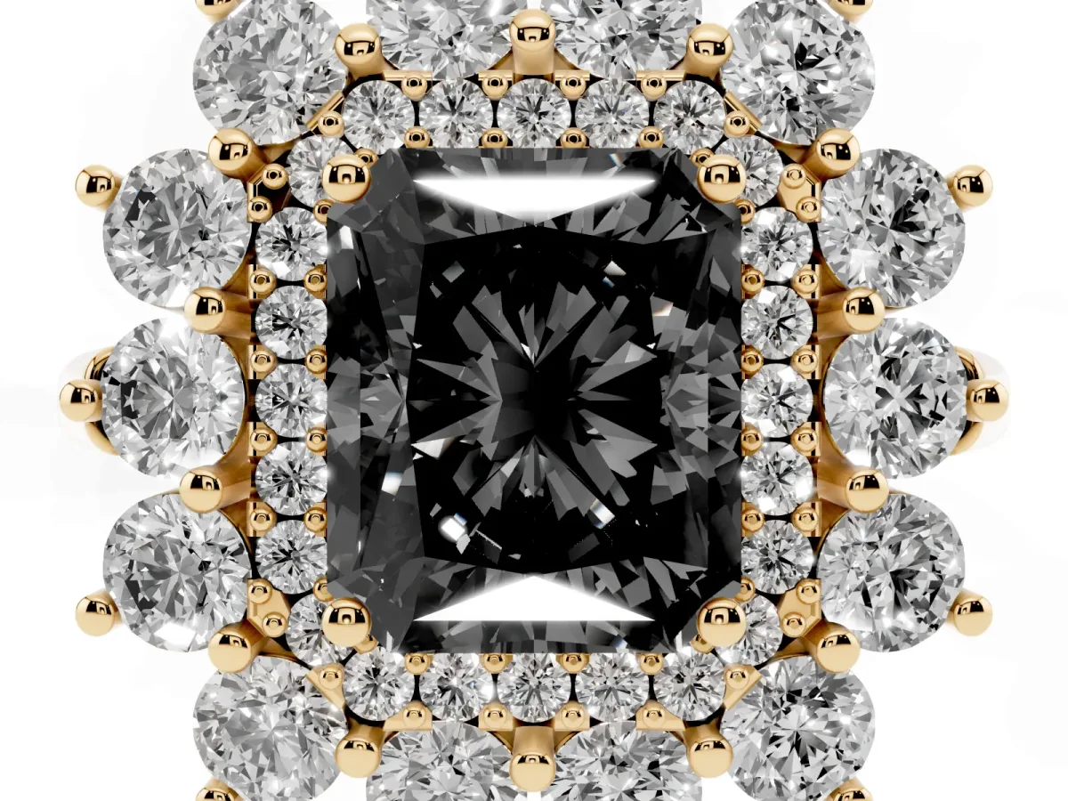 Fancy Black Radiant Cut Diamond Floral Double Halo Engagement Ring with Prong Setting Yellow gold