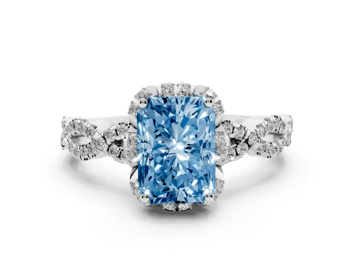 Fancy Blue Radiant Cut Halo Twist Band Solitaire Ring with Six-Prong Setting White gold
