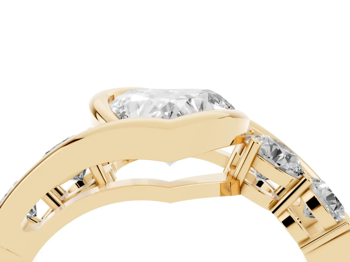 Bezel Set Heart Cut Diamond Bypass Ring with Round Accents Yellow gold