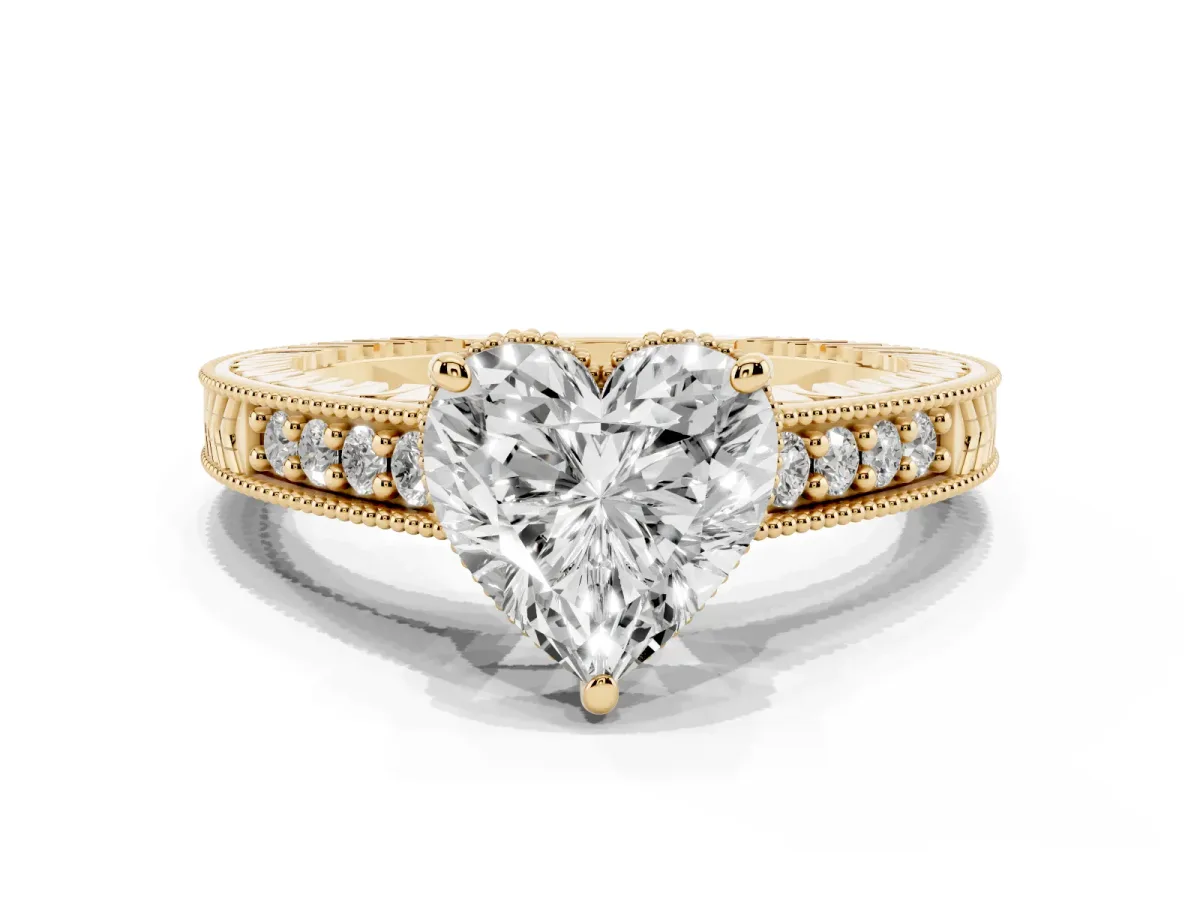 Heart Cut Solitaire Pavé Diamond Milgrain Engagement Ring with Four-Prong Setting Yellow gold