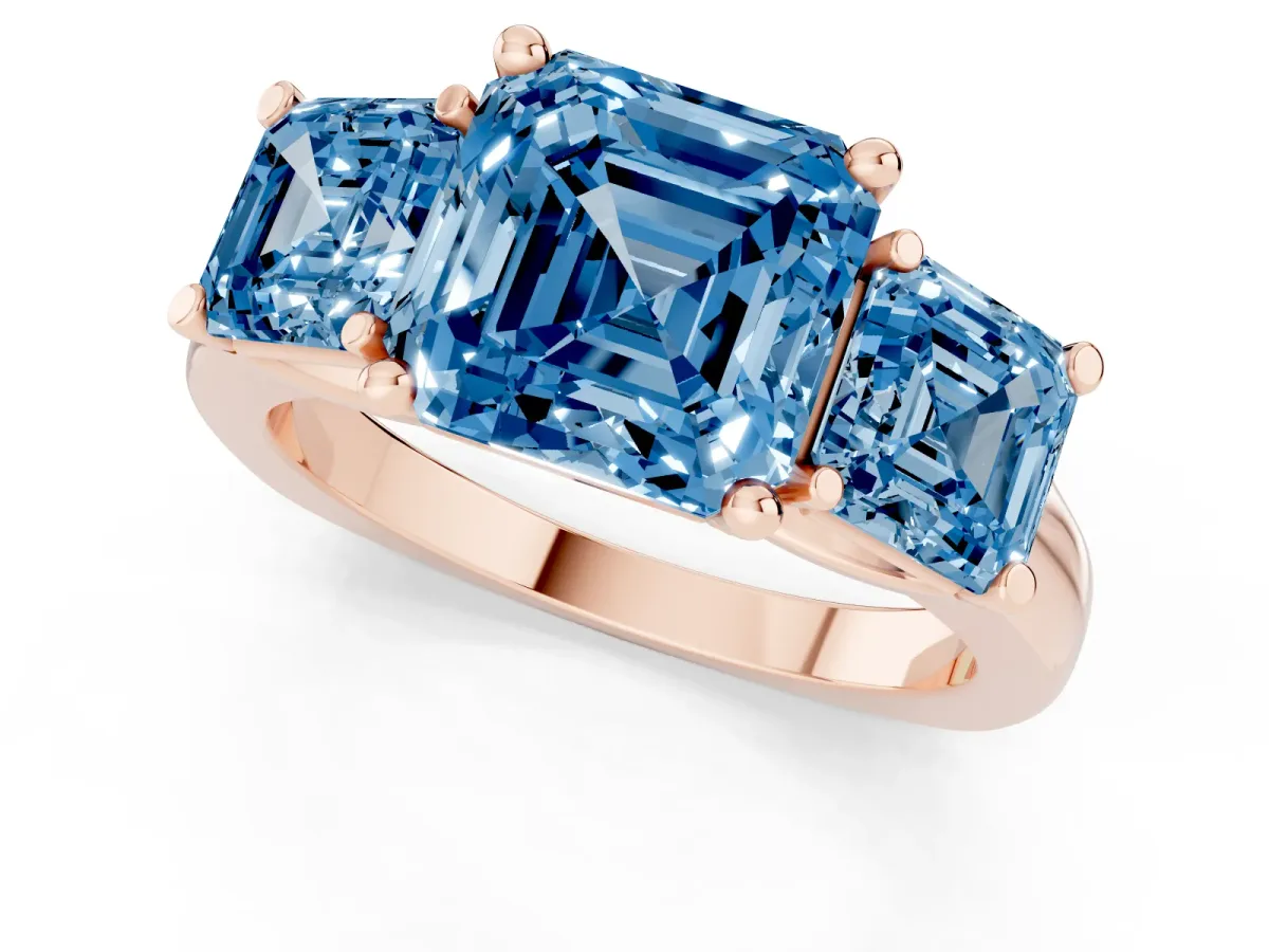Fancy Blue Three-Stone Asscher Cut Brilliant Diamond Trellis Ring with Comfort Fit Band Rose gold