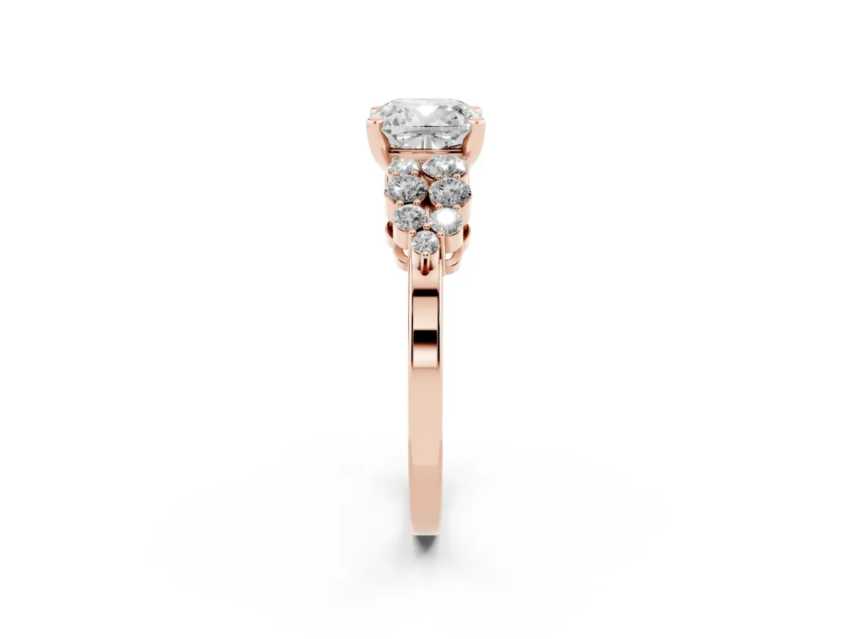 Cushion Cut Cluster Diamond Engagement Ring with Pavé Band and Four-Prong Setting Rose gold
