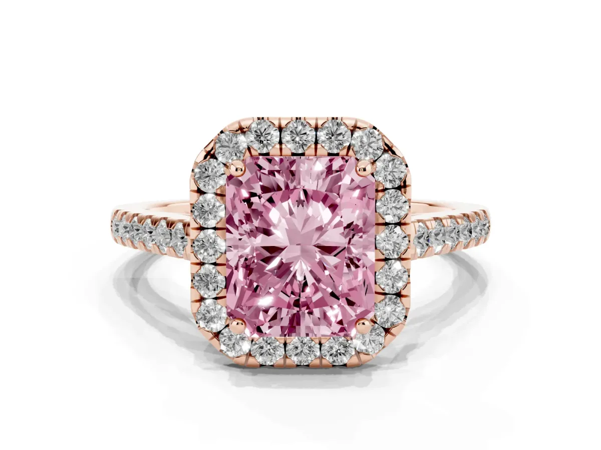 Fancy Pink Radiant Cut Halo Pave Diamond Engagement Ring with Four-Prong Setting Rose gold