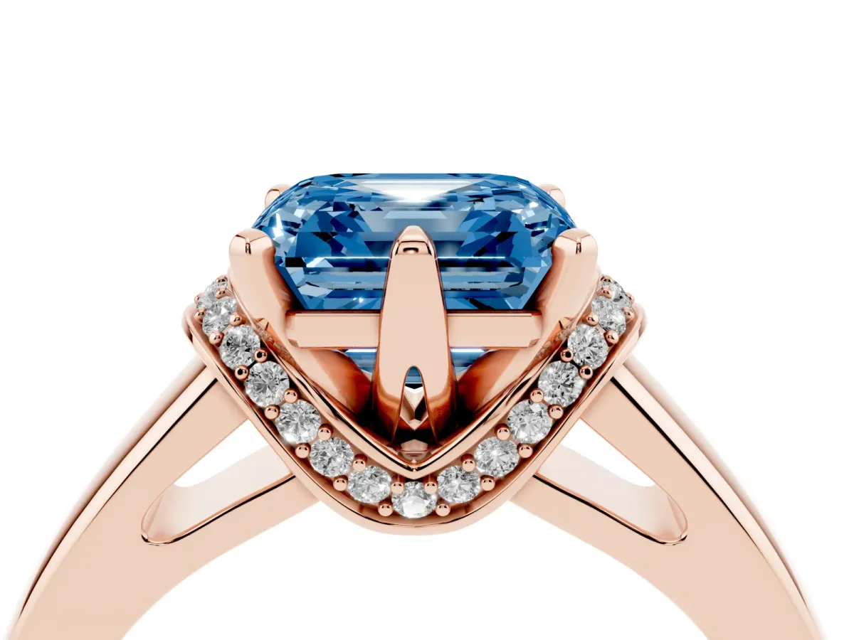Fancy Blue Asscher Cut Solitaire Diamond Ring with Pave Band and Six-Prong Setting Rose gold