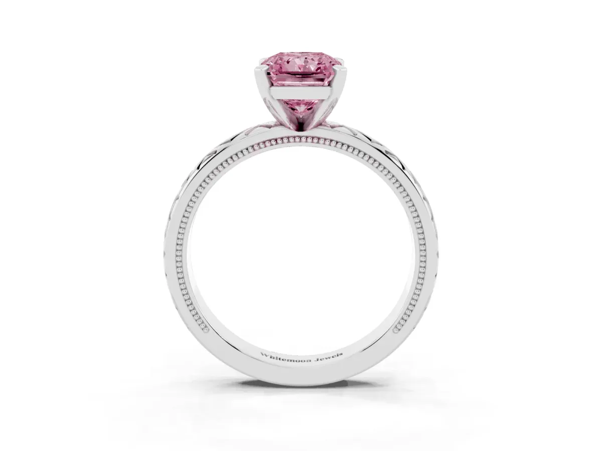 Fancy Pink Radiant Cut Solitaire Diamond Ring with Milgrain and Black Enamel X Pattern Band Silver