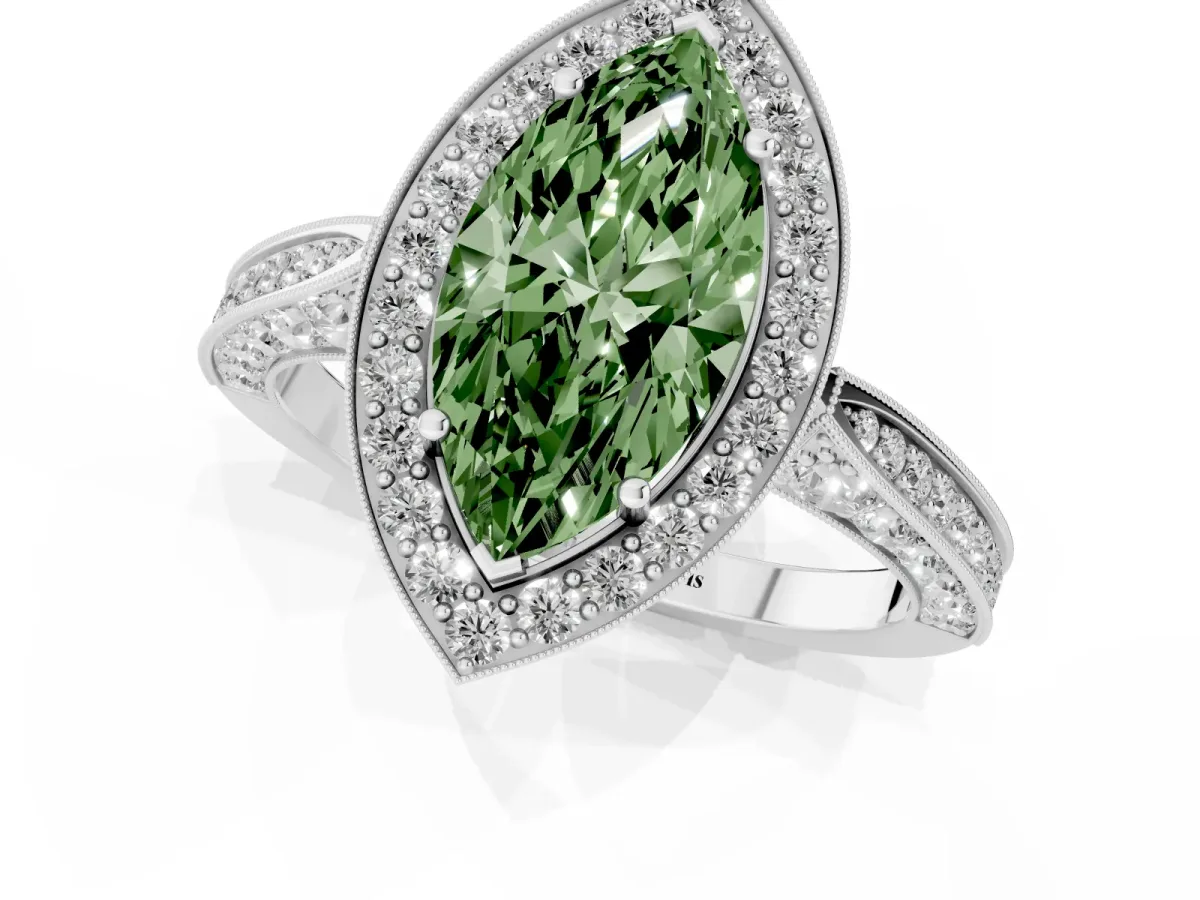 Fancy Green Marquise Cut Halo Diamond Engagement Ring with Split Shank Band and Four-Prong Setting Silver