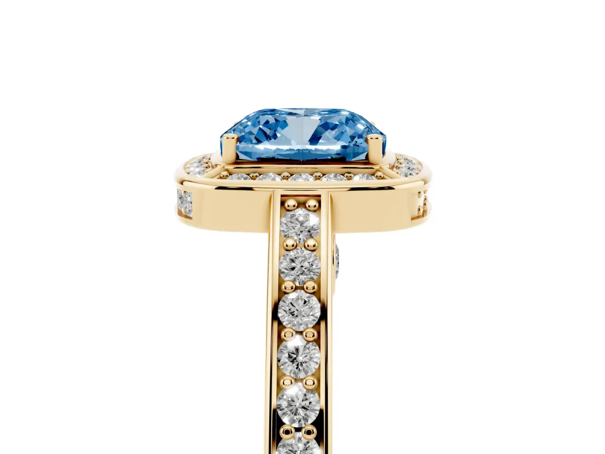 Fancy Blue Cushion Cut Cut Halo Pave Split Shank Prong Setting Ring Yellow gold